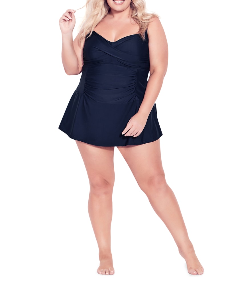 Front of a model wearing a size 14 One Piece Twist Skirt Swimsuit in Navy by avenue. | dia_product_style_image_id:271687